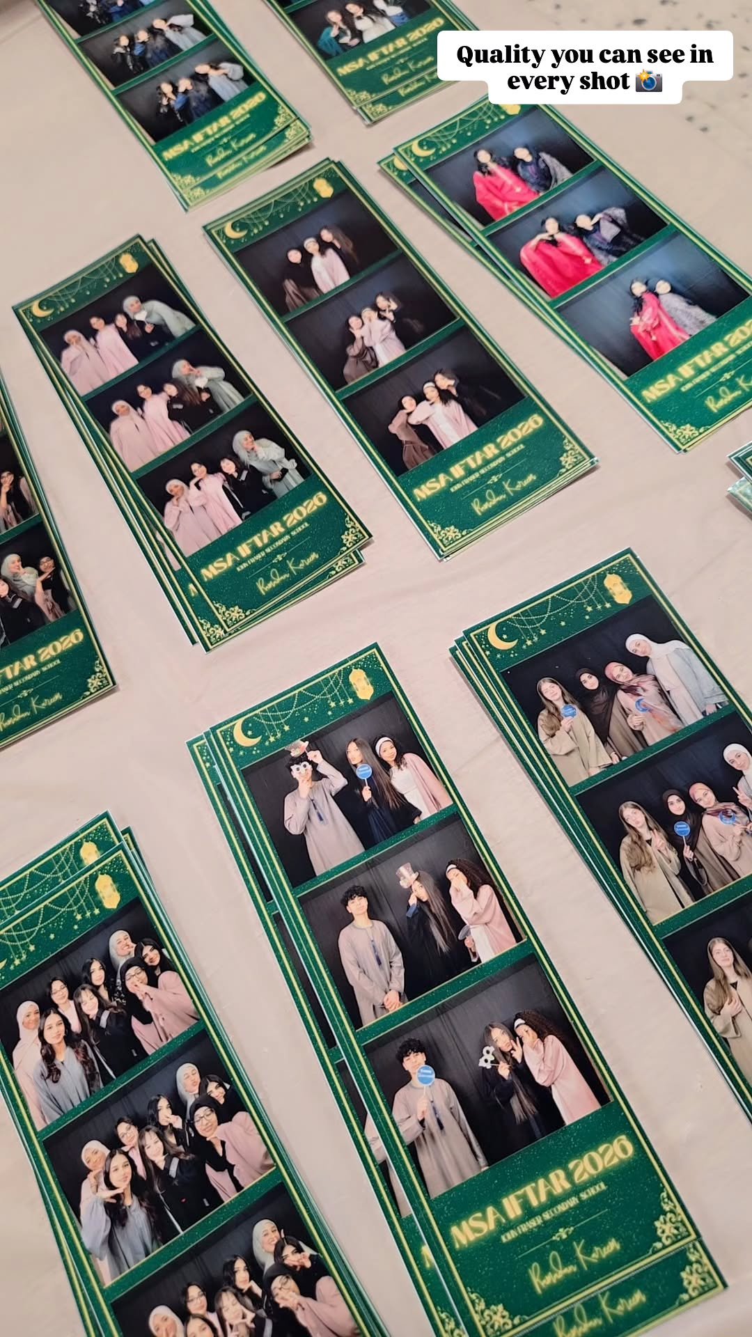 Custom green SpixBooth photo strips arranged after an Iftar event